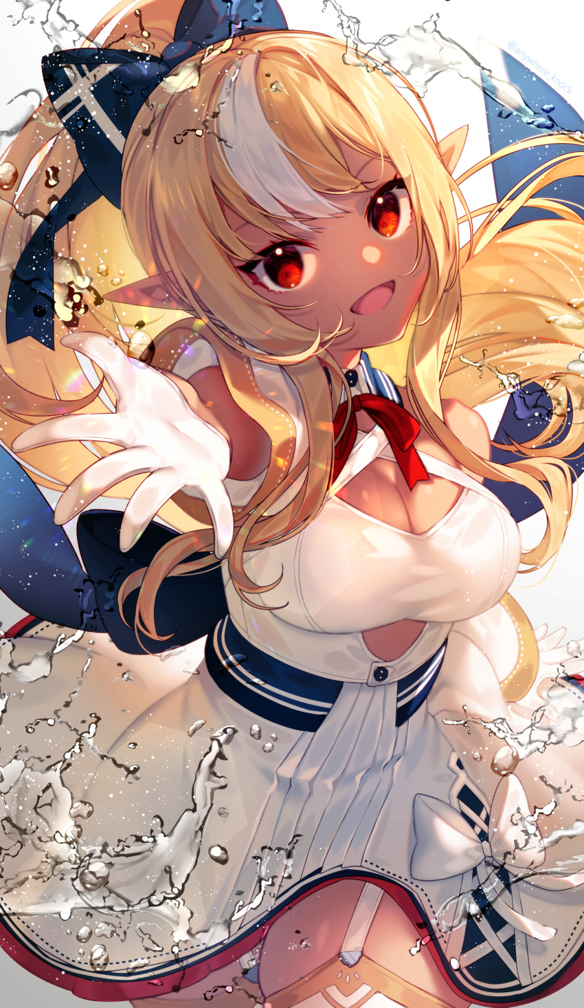 1girl :d absurdres anywhere_knock bangs blonde_hair blue_bow bow bowtie breasts cleavage_cutout clothing_cutout cowboy_shot dark-skinned_female dark_skin floating_hair garter_straps gloves hair_bow highres hololive large_breasts long_hair looking_at_viewer multicolored_hair outdoors pointy_ears ponytail red_bow red_bowtie red_eyes shiranui_flare shirt skirt smile solo streaked_hair thigh-highs twitter_username virtual_youtuber white_gloves white_hair white_shirt white_skirt