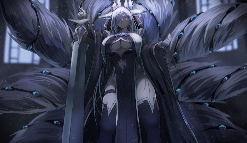1girl animal_ears armor ascot blue_eyes chain clothing_cutout extra_ears extra_eyes flower fox_ears glowing glowing_eyes greatsword hair_flower hair_ornament hair_over_one_eye hairband highres holding holding_sword holding_weapon light_blue_hair looking_at_viewer navel_cutout no_panties original rosary satou_rin_(gobugabuge) shirahana_no_hie_(satou_rin) shoulder_armor skindentation snow solo sword thigh-highs underboob_cutout weapon