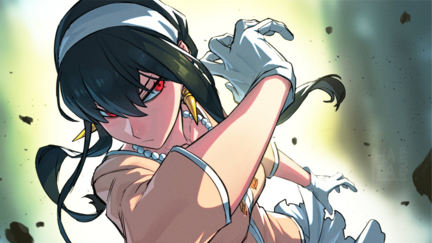 1girl bangs black_hair covering_face earrings frown gloves gold_earrings hair_between_eyes hairband hata4564 highres jacket jewelry necklace pearl_necklace red_eyes short_hair_with_long_locks sidelocks signature skirt solo spy_x_family white_gloves white_hairband white_skirt yor_briar