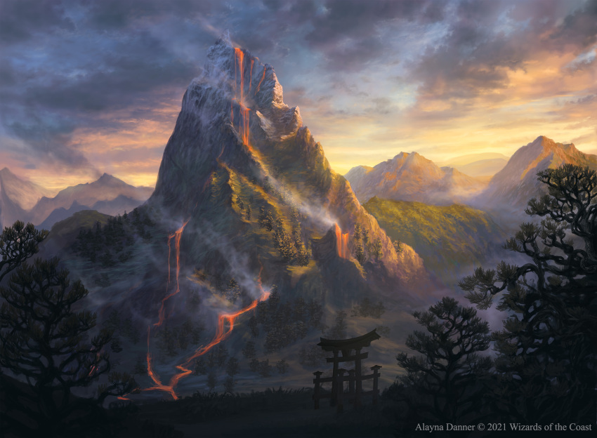 alayna_danner clouds cloudy_sky commentary day english_commentary highres magic:_the_gathering mountain no_humans official_art outdoors scenery sky smoke torii tree