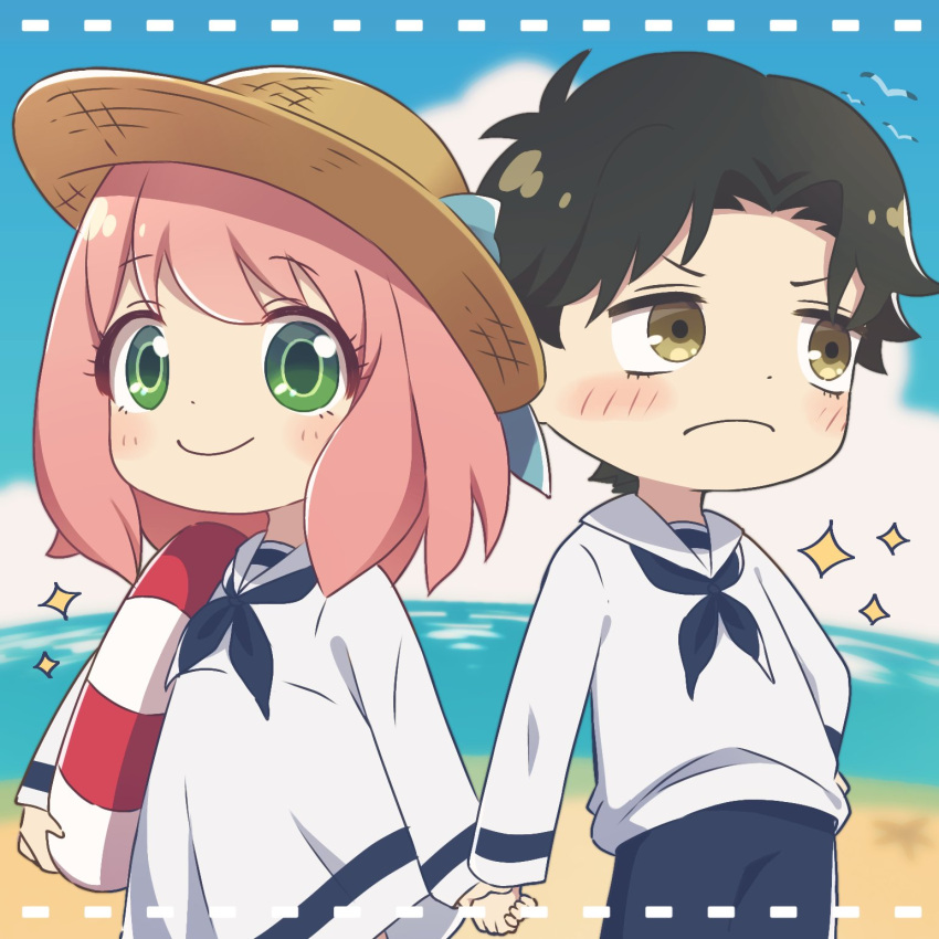 &gt;:( 1boy 1girl anya_(spy_x_family) beach black_hair blue_neckerchief blue_pants blush brown_eyes curtained_hair damian_desmond dmanya dress eyebrows_visible_through_hair green_eyes hat highres holding_hands holding_lifebuoy lifebuoy looking_at_viewer looking_away medium_hair neckerchief pants pink_hair sailor_collar sailor_dress sailor_shirt shirt short_hair smile sparkle spy_x_family straw_hat v-shaped_eyebrows white_sailor_collar white_shirt