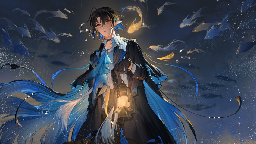 1boy api_qwq arknights ascot bangs black_choker black_coat black_gloves black_hair black_pants blue_ascot blue_cape blue_hair bracelet cape choker coat collarbone cowboy_shot earrings eyebrows_visible_through_hair fish flying_fish freckles gloves hair_between_eyes highres holding holding_lantern jewelry lantern long_sleeves looking_at_viewer lumen_(arknights) male_focus multicolored_hair open_clothes open_coat pants parted_lips pointy_ears shell shell_earrings shirt short_hair solo two-tone_hair water_drop white_shirt