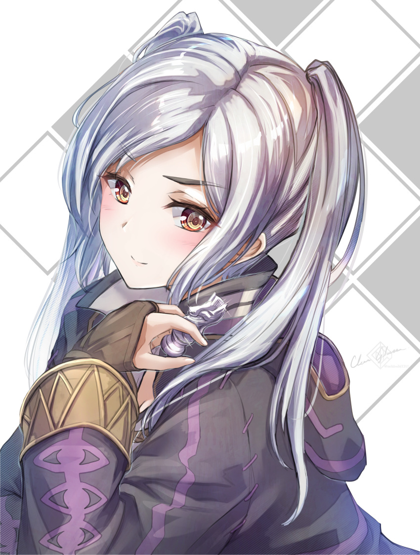 1girl absurdres bridal_gauntlets chess_piece clear_glass_(mildmild1311) coat fire_emblem fire_emblem_awakening green_eyes highres holding_chess_piece hood hood_down knight_(chess) looking_at_viewer parted_hair robin_(fire_emblem) smile solo twintails upper_body white_hair