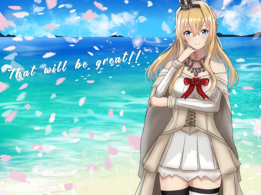 1girl black_hairband blonde_hair blue_eyes braid corset cowboy_shot crown doradorazz dress english_text flower french_braid hairband highres jewelry kantai_collection long_hair long_sleeves mini_crown necklace off-shoulder_dress off_shoulder red_flower red_ribbon red_rose ribbon rose smile solo standing thigh-highs warspite_(kancolle) white_dress white_legwear