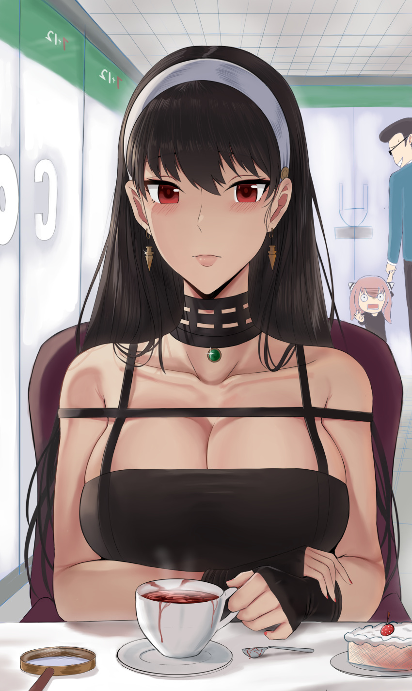 1boy 2girls absurdres bangs bare_shoulders black_choker black_dress blush breasts cake cake_slice choker closed_mouth coffee coffee_cup collarbone cup disposable_cup dress earrings english_commentary fingerless_gloves food fruit gloves gold_earrings hair_down hairband highres i-chandraws jewelry large_breasts lips long_hair looking_at_viewer magnifying_glass multiple_girls off-shoulder_dress off_shoulder plate red_eyes solo_focus spoon spy_x_family steam straight_hair strawberry table upper_body white_hairband yor_briar