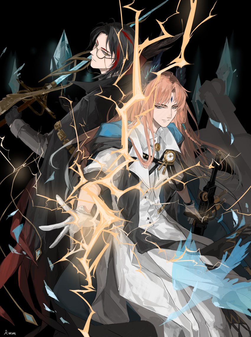 2boys absurdres arknights black_background black_cape black_gloves black_hair blue_eyes cape chinese_commentary coat commentary_request electricity gloves gnosis_(arknights) gnosis_(forerunner)_(arknights) head_wings highres holding holding_sword holding_weapon kongwuming long_hair long_sleeves looking_at_viewer male_focus monocle multiple_boys official_alternate_costume orange_hair originium_arts_(arknights) passenger_(arknights) redhead short_hair smile sword weapon white_coat white_gloves