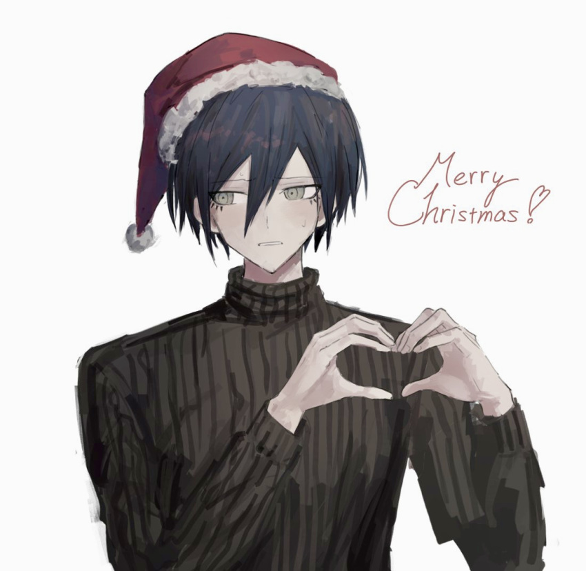 1boy alternate_costume bangs brown_eyes danganronpa_(series) danganronpa_v3:_killing_harmony fur_trim grey_background hair_between_eyes hat iumi_urura long_sleeves merry_christmas parted_lips saihara_shuuichi santa_hat short_hair simple_background solo striped striped_sweater sweat sweater teeth upper_body