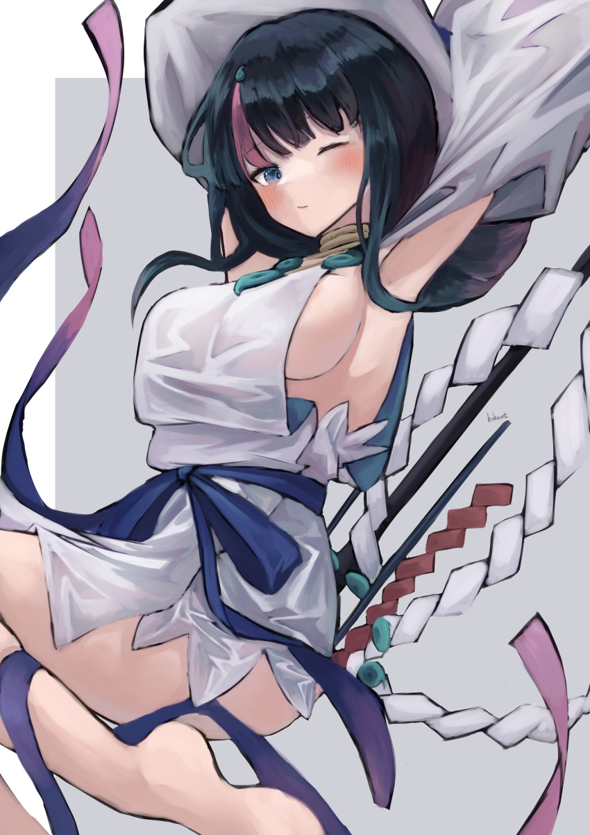 1girl absurdres armpits arms_behind_head arms_up bangs bare_shoulders black_hair blue_eyes blue_ribbon blush breasts collarbone dress fate/grand_order fate/requiem fate_(series) highres jewelry kokoa_10701 large_breasts long_sleeves looking_at_viewer magatama magatama_hair_ornament magatama_necklace medium_hair multicolored_hair necklace one_eye_closed pelvic_curtain pink_hair polearm puffy_long_sleeves puffy_sleeves ribbon short_dress sideboob sideless_outfit solo spear streaked_hair thighs utsumi_erise weapon white_dress