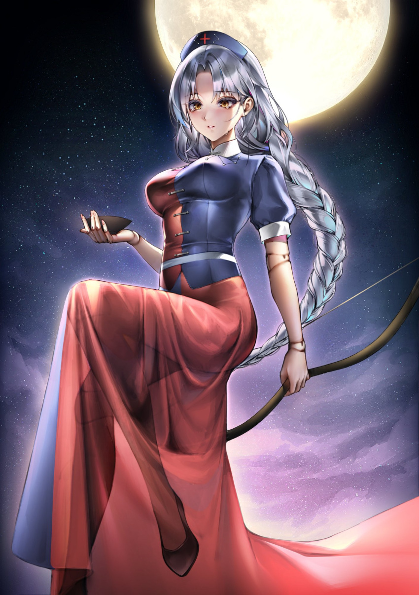 1girl asymmetrical_clothes bangs blue_headwear bow_(weapon) braid braided_ponytail breasts closed_mouth commentary_request cross crying crying_with_eyes_open cup dark_jewel_(gem_oblivion) doll_joints fingernails full_moon hat highres holding holding_bow_(weapon) holding_weapon joints korean_commentary large_breasts long_hair looking_at_viewer moon nurse_cap puffy_short_sleeves puffy_sleeves red_cross sakazuki short_sleeves sky solo star_(sky) starry_sky tears touhou two-tone_dress weapon yagokoro_eirin yellow_eyes