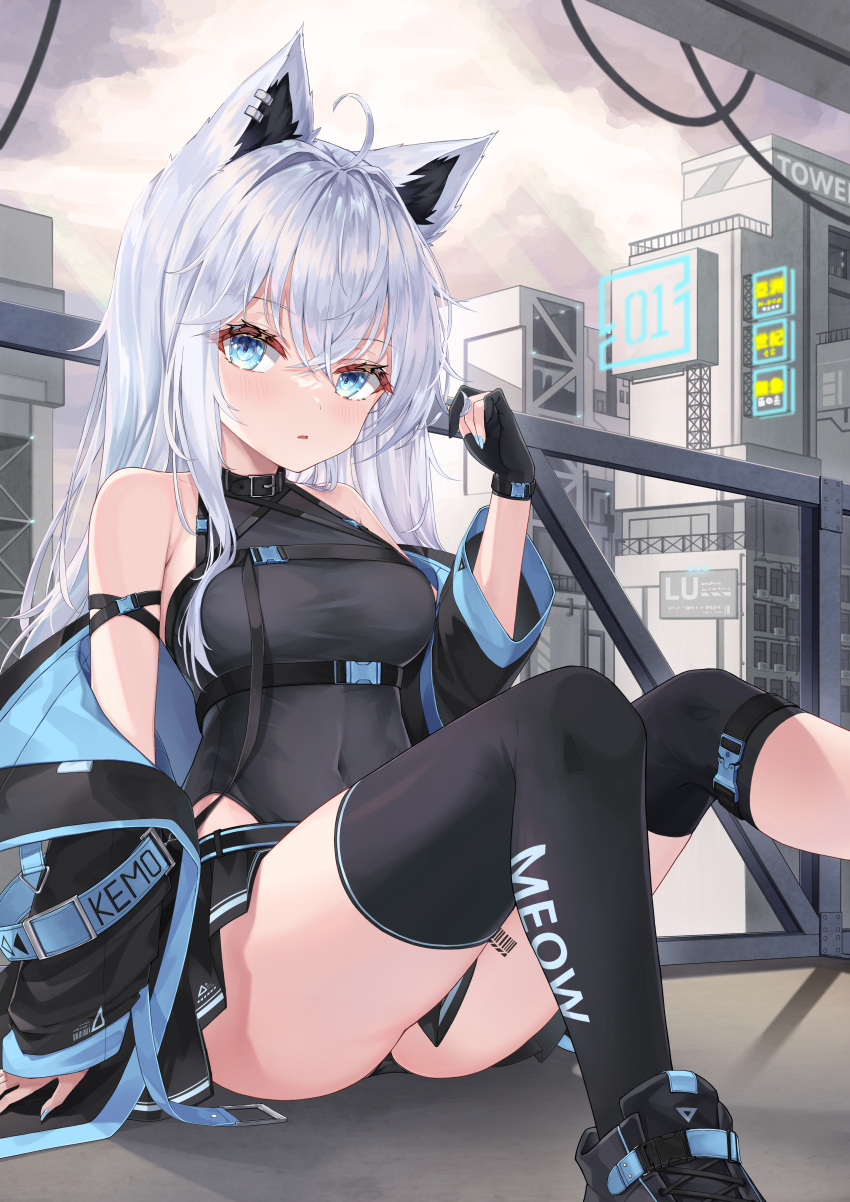 1girl absurdres animal_ears barcode barcode_tattoo black_legwear black_leotard breasts building cat_ears clothes_down gloves highres jacket jacket_pull leotard light_blue_eyes long_hair looking_at_viewer medium_breasts microskirt open_clothes open_jacket original parted_lips partially_fingerless_gloves shoes single_thighhigh sitting skirt sneakers solo tattoo thigh-highs white_hair yeosi