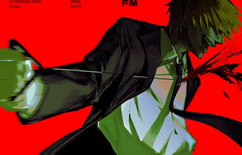 1boy black_coat black_necktie black_suit blonde_hair blood blood_splatter blood_spray chainsaw_man coat crazy denji_(chainsaw_man) femmerquq formal highres necktie open_mouth pulling red_background sharp_teeth simple_background smile solo suit teeth