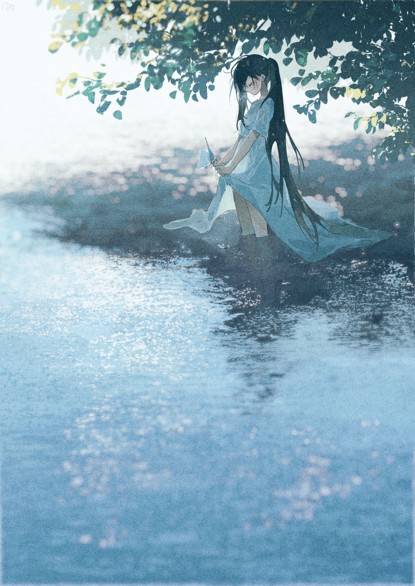 1girl absurdres branch brown_hair closed_eyes commentary_request day dress highres long_dress long_hair original outdoors ponytail potg_(piotegu) profile shade solo tree_shade very_long_hair wading water wet wet_clothes wet_hair white_dress wringing_clothes