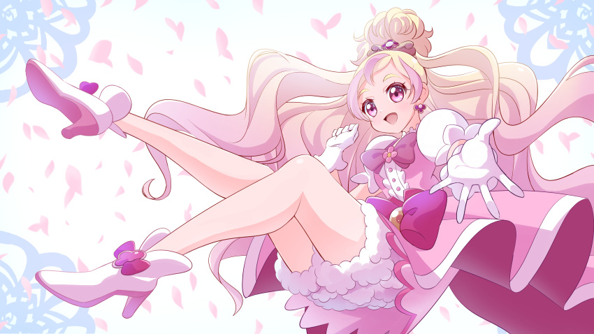 1girl absurdres bare_legs blonde_hair bloomers boots bow cure_flora dress earrings eyebrows flower flower_earrings flower_necklace forehead full_body gloves go!_princess_precure haruno_haruka high_heel_boots high_heels highres jewelry long_hair looking_at_viewer magical_girl open_mouth petals pink_dress pink_eyes precure puffy_short_sleeves puffy_sleeves rose_petals short_sleeves solo tirofinire underwear waist_bow white_footwear white_gloves