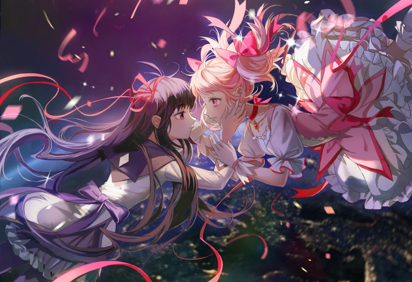 2girls akemi_homura black_hair blurry blurry_background bow choker closed_mouth collarbone eye_contact floating_hair frilled_legwear gloves hair_bow hair_ribbon haitu hand_on_another's_cheek hand_on_another's_face highres jewelry kaname_madoka layered_skirt long_hair long_skirt looking_at_another mahou_shoujo_madoka_magica miniskirt multiple_girls night outdoors pantyhose pendant pink_bow pink_eyes pink_hair pink_vest purple_legwear purple_skirt red_eyes red_ribbon ribbon ribbon_choker short_sleeves skirt soul_gem twintails very_long_hair vest white_gloves white_legwear white_skirt white_sleeves