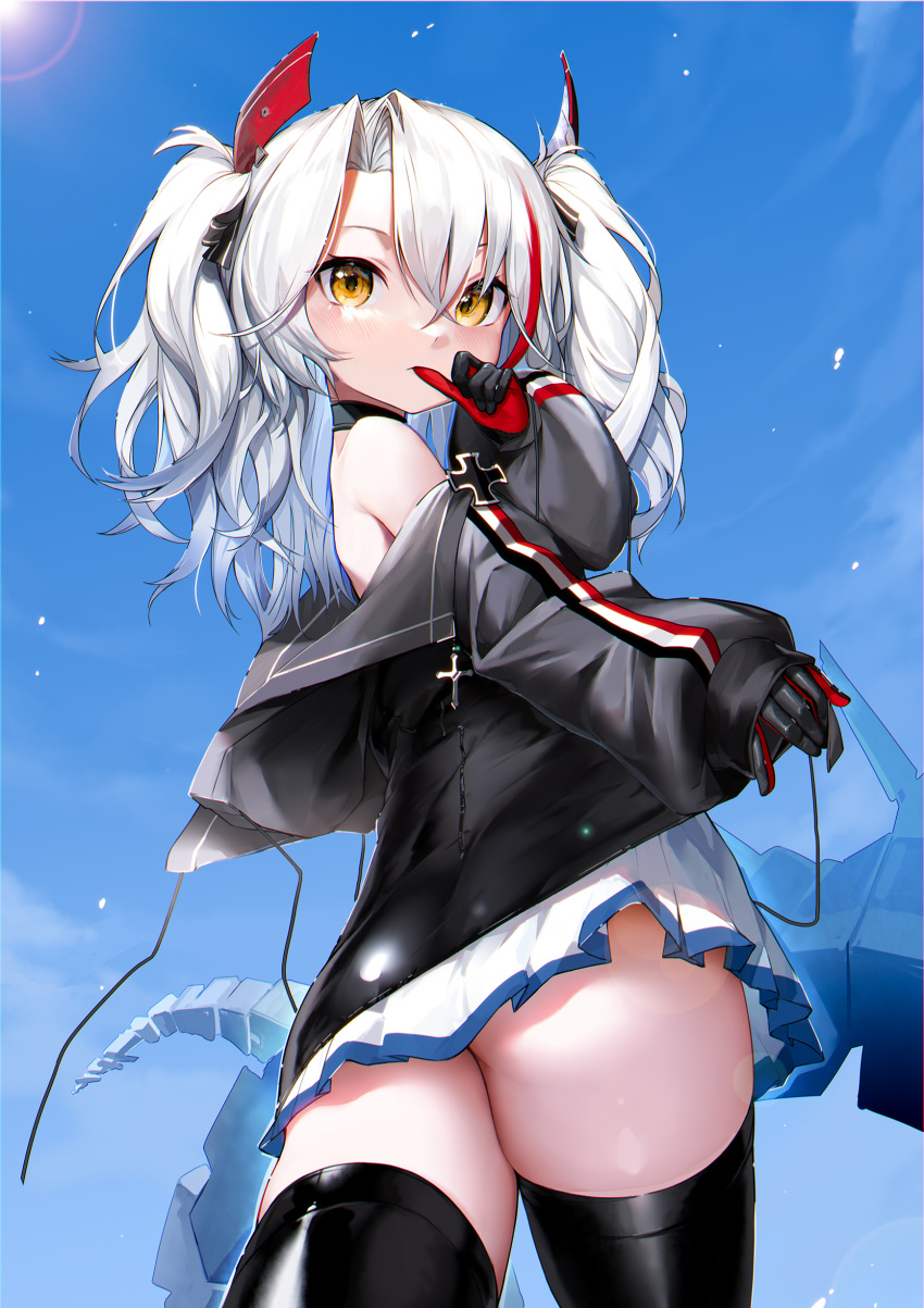 1girl absurdres antenna_hair ass azur_lane bangs bare_shoulders black_gloves black_jacket black_legwear blue_sky chinese_commentary clouds commentary cowboy_shot cross day dingding_tu eyebrows_behind_hair from_behind gloves hair_between_eyes hair_ornament hand_up highres iron_cross jacket little_prinz_eugen_(azur_lane) long_hair long_sleeves looking_at_viewer multicolored_hair off_shoulder parted_bangs red_gloves redhead rigging sidelocks skirt sky solo standing streaked_hair thigh-highs thumb_sucking two-tone_gloves two-tone_hair two_side_up white_hair white_skirt zettai_ryouiki