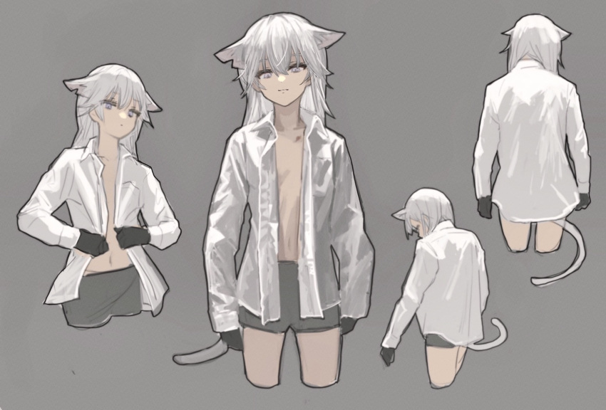 1girl animal_ears black_gloves cat_ears cat_girl cat_tail closed_mouth collared_shirt commentary expressionless gloves grey_background grey_shorts highres long_hair long_sleeves looking_at_viewer multiple_views no_bra notched_ear open_clothes open_shirt original shirt shorts simple_background tail violet_eyes white_hair zumochi