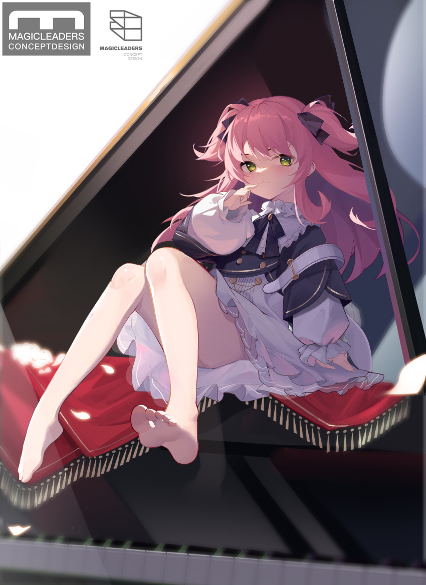 1girl :&lt; absurdres azur_lane black_ribbon blush breasts buttons collar double-breasted dress eyebrows_visible_through_hair feet frilled_collar frilled_sleeves frills green_eyes hair_ornament highres instrument legs long_sleeves medium_hair neck_ribbon piano pink_hair pompeo_magno_(azur_lane) pompeo_magno_(quaver_daydream)_(azur_lane) puffy_sleeves ribbon simple_background sitting small_breasts solo thighs thinking twintails white_background white_dress yesheeng_de_ling_che_zi