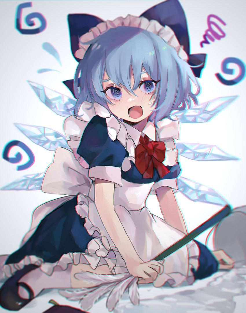 1girl @_@ absurdres alternate_costume apron back_bow bangs black_footwear blue_bow blue_dress blue_eyes blue_hair blush bow bowtie breasts broom bucket cirno collared_shirt commentary_request confused dress enmaided eyebrows_visible_through_hair fang fingernails frilled_apron frills gradient gradient_background grey_apron grey_background grey_bow grey_legwear grey_shirt hair_between_eyes hair_bow highres ice ice_wings kani_nyan looking_to_the_side maid maid_apron maid_headdress mary_janes medium_breasts open_mouth puffy_short_sleeves puffy_sleeves red_bow red_bowtie seiza shirt shoes short_hair short_sleeves sitting skin_fang socks solo squiggle sweat sweatdrop tongue touhou white_apron white_background white_legwear wing_collar wings