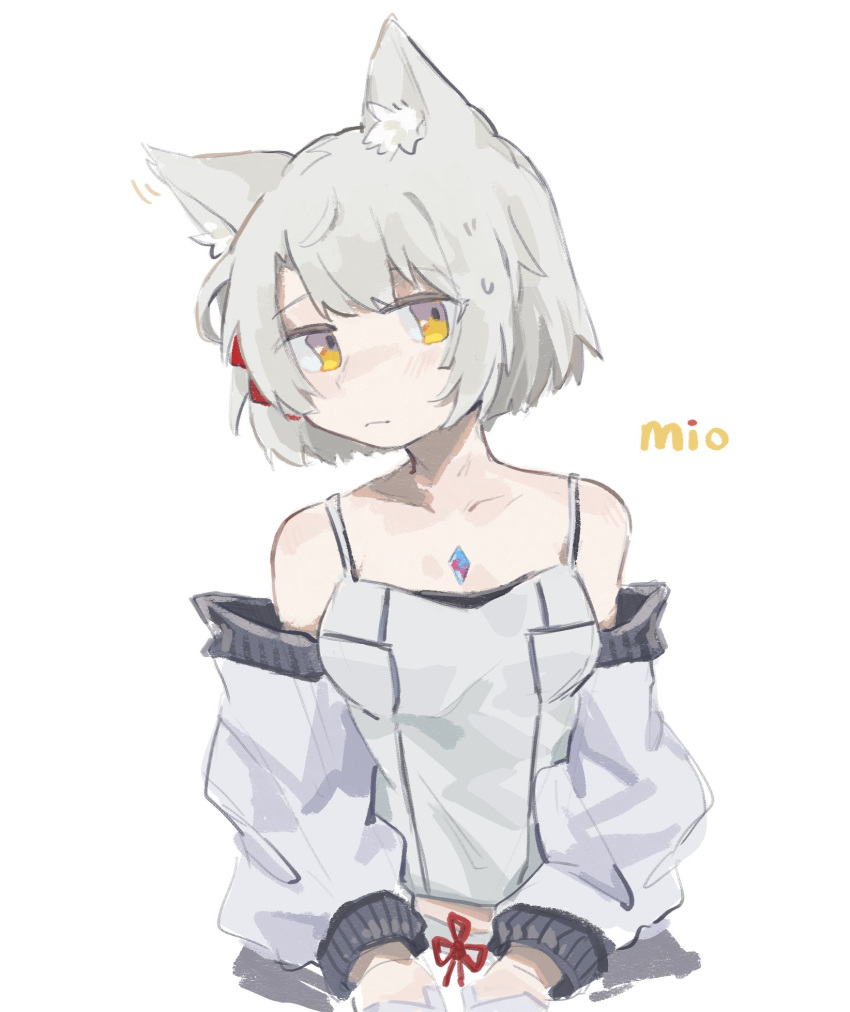 1girl animal_ear_fluff animal_ears breasts camisole cat_ears chest_jewel collarbone frown highres jacket looking_at_viewer mio_(xenoblade) short_hair simple_background small_breasts solo tank_top tutaiiiiii white_background white_camisole white_hair white_jacket white_tank_top xenoblade_chronicles_(series) xenoblade_chronicles_3 yellow_eyes