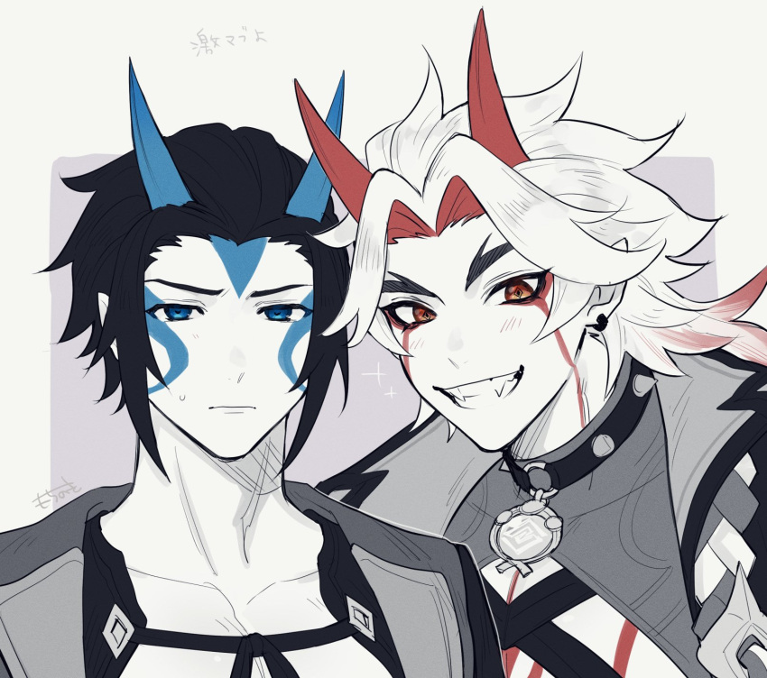 2boys arataki_itto blue_eyes blue_horns blush bodypaint choker crop_top earrings fangs genshin_impact highres horns jewelry long_hair looking_at_viewer makeup male_focus mochinoki multicolored_hair multiple_boys oni oni_horns red_eyes redhead short_hair smile spiked_choker spikes sweat takuya_(genshin_impact) vision_(genshin_impact)