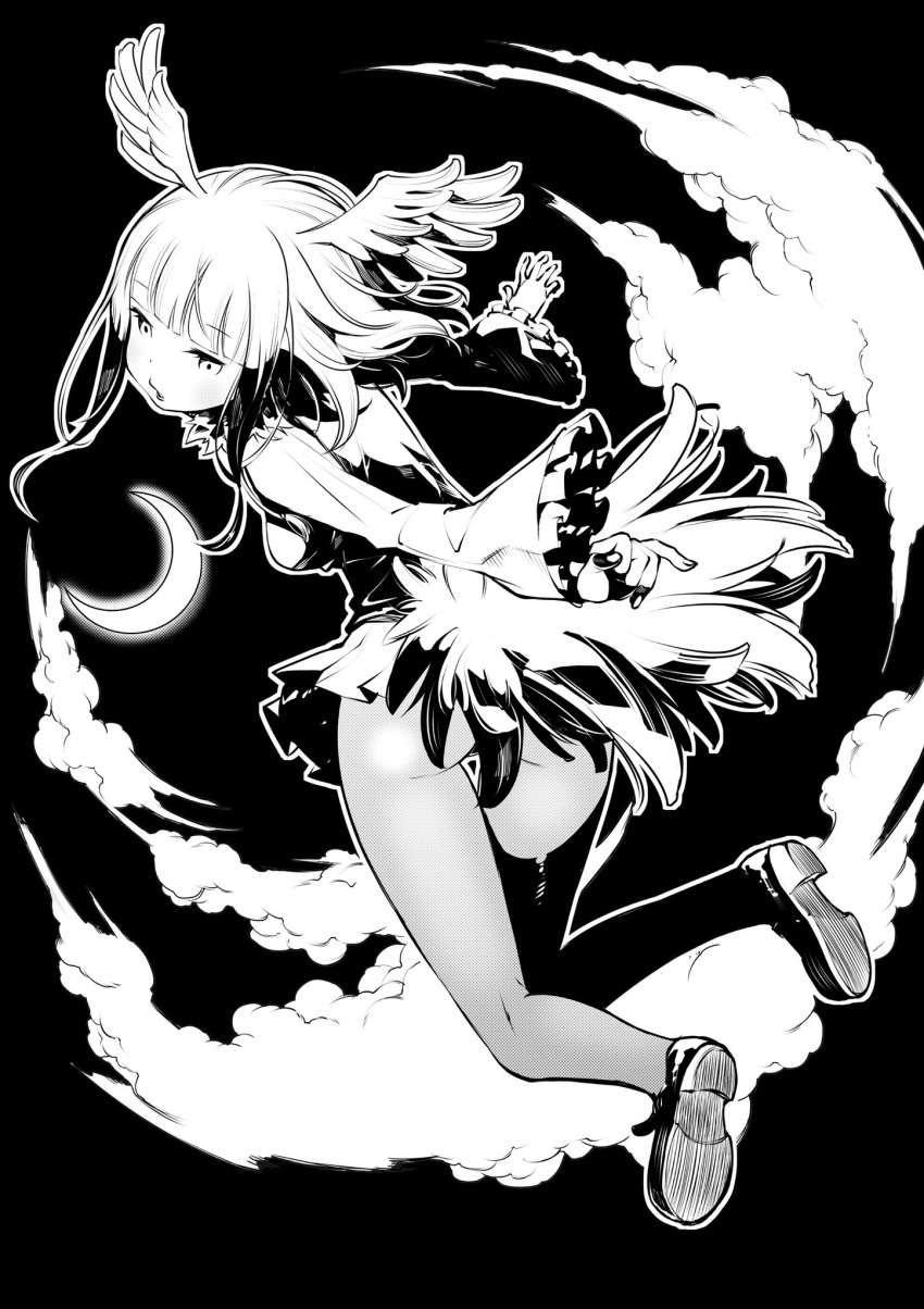 1girl black_background clouds crescent_moon eyebrows_visible_through_hair frilled_sleeves frills fukushima_masayasu greyscale hatching_(texture) head_wings highres japanese_crested_ibis_(kemono_friends) kemono_friends medium_hair monochrome moon open_mouth outline pantyhose simple_background solo white_outline wings