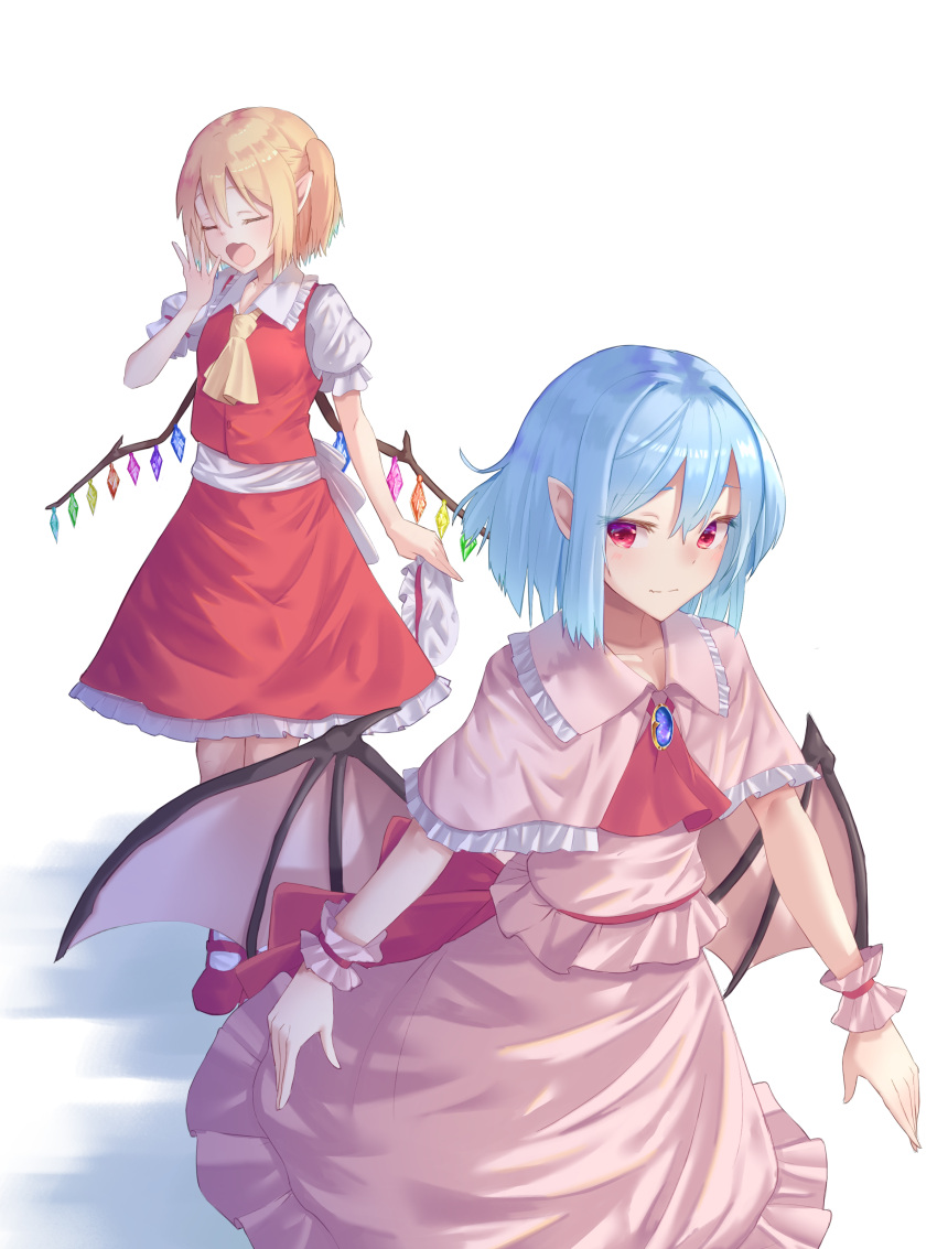 2girls absurdres arm_up ascot bangs bat_wings blonde_hair blue_gemstone blush brooch capelet closed_mouth commentary_request crystal doitsuudon dress flandre_scarlet frilled_capelet frills gem hat highres jewelry light_blue_hair looking_at_viewer mary_janes multiple_girls no_hat no_headwear one_side_up pink_capelet pink_dress puffy_short_sleeves puffy_sleeves red_ascot red_eyes red_footwear remilia_scarlet shoes short_hair short_sleeves siblings sisters smile touhou walking white_background wings wrist_cuffs