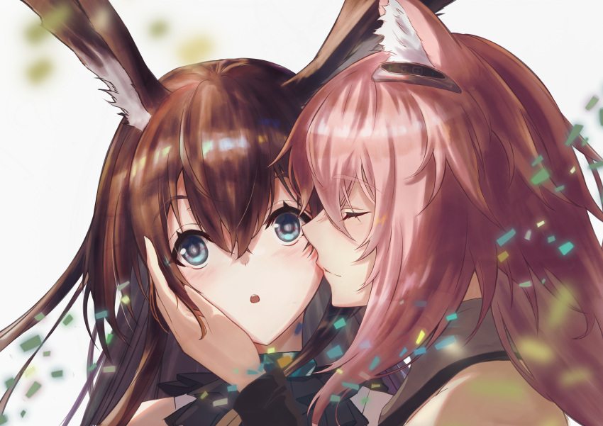 2girls :o absurdres amiya_(arknights) animal_ear_fluff animal_ears arknights ascot bangs bare_shoulders black_ascot blue_eyes blush brown_hair closed_eyes closed_mouth confetti eyebrows_visible_through_hair gravel_(arknights) hand_on_another's_cheek hand_on_another's_face highres kiss kissing_cheek long_hair multiple_girls parted_lips pink_hair profile rabbit_ears simple_background smile upper_body user_ecpa2244 white_background yuri