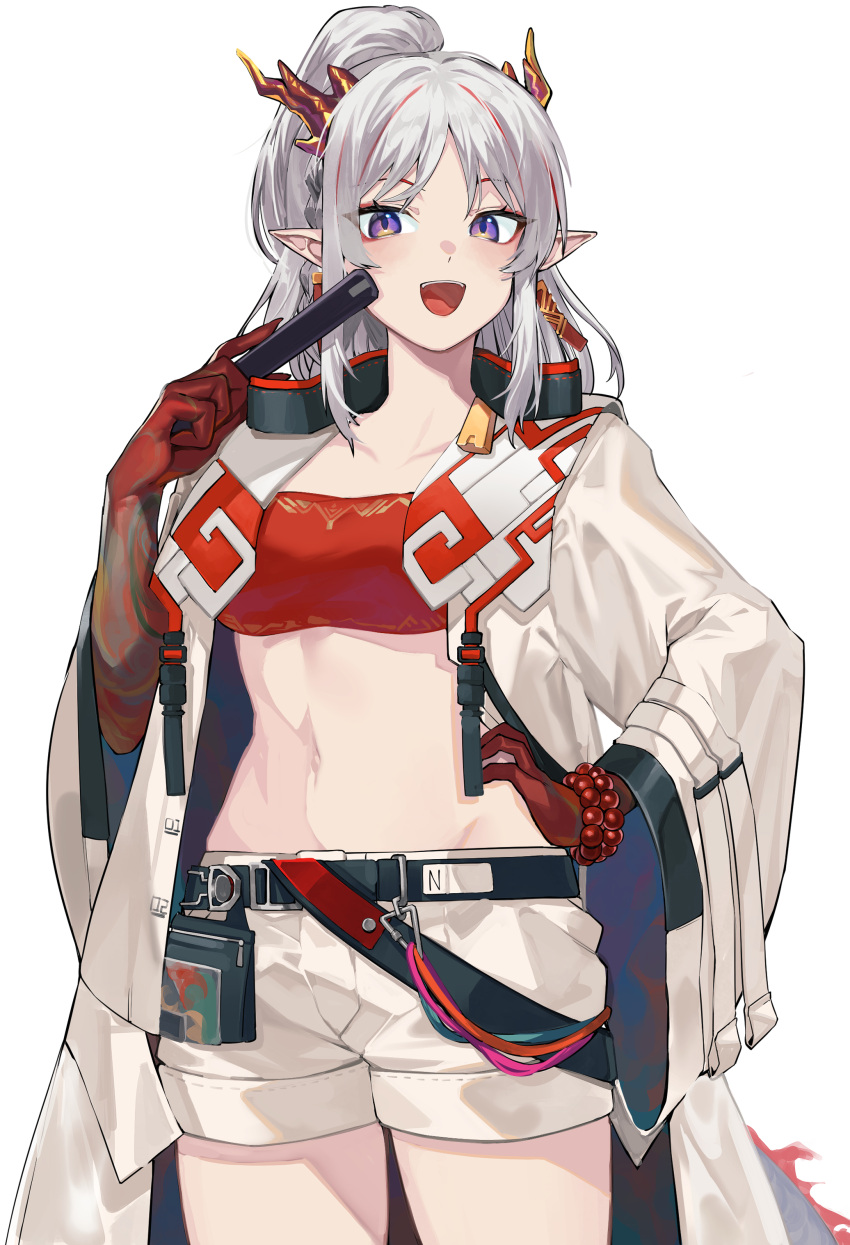 1girl :d absurdres arknights bandeau bangs bead_bracelet beads belt black_belt bracelet coat collarbone commentary_request cowboy_shot grey_background grey_hair groin hand_up hati105 highres holding horns jewelry long_hair long_sleeves looking_at_viewer midriff navel nian_(arknights) open_clothes open_coat partial_commentary pointy_ears shorts simple_background smile solo standing stomach strapless tube_top violet_eyes white_coat white_shorts wide_sleeves