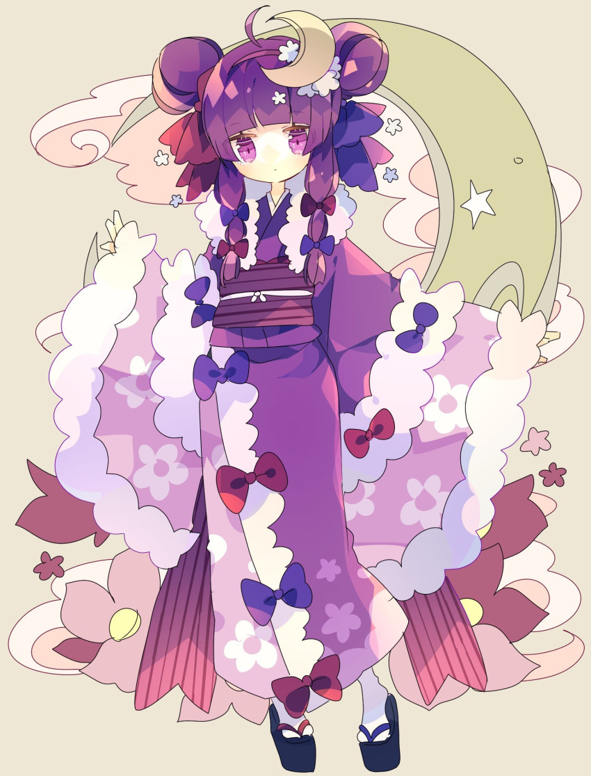 1girl alternate_costume bangs blue_bow blunt_bangs bow commentary crescent crescent_hair_ornament double_bun floral_print flower frills full_body hair_bow hair_ornament highres japanese_clothes kimono long_sleeves looking_at_viewer medium_hair nikorashi-ka obi okobo patchouli_knowledge purple_hair purple_kimono red_bow sash sidelocks sleeves_past_wrists socks solo star_(symbol) touhou twintails violet_eyes white_legwear