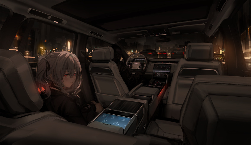 1girl absurdres black_gloves black_ribbon car car_interior car_seat choker from_behind gloves grey_hair ground_vehicle hair_ribbon highres ichijou_riana lavender_quartz lm7_(op-center) looking_at_viewer looking_back motor_vehicle night perspective range_rover red_eyes ribbon seatbelt short_twintails side_mirror sitting steering_wheel twintails