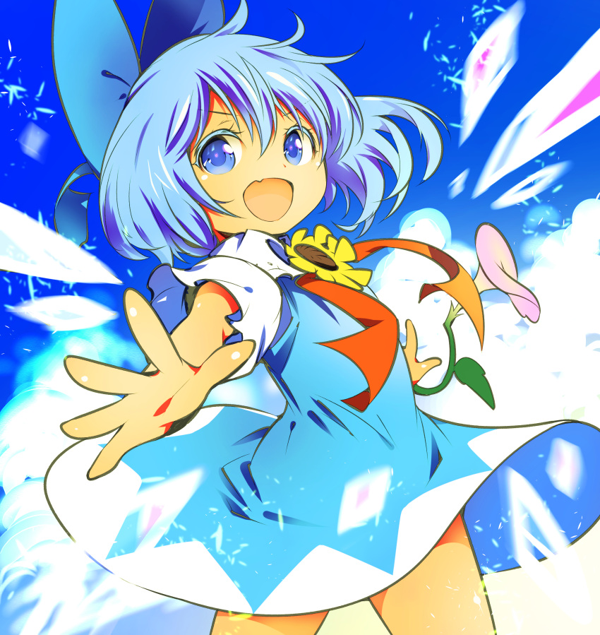 1girl absurdres blue_bow blue_dress blue_eyes blue_hair bow cirno collared_shirt cowboy_shot detached_wings dress fairy fang flower hair_between_eyes hair_bow highres ice ice_wings ichizen_(o_tori) morning_glory one-hour_drawing_challenge open_mouth pink_flower puffy_short_sleeves puffy_sleeves shirt short_hair short_sleeves skin_fang smile solo tanned_cirno touhou white_shirt wings