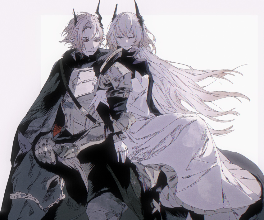 1boy 1girl arknights armor bangs black_jacket breastplate character_request cinmocrd commentary_request dress floating_hair gauntlets grey_background grey_hair hair_between_eyes highres horns jacket long_hair open_clothes open_jacket sitting theresa_(arknights) two-tone_background very_long_hair white_dress