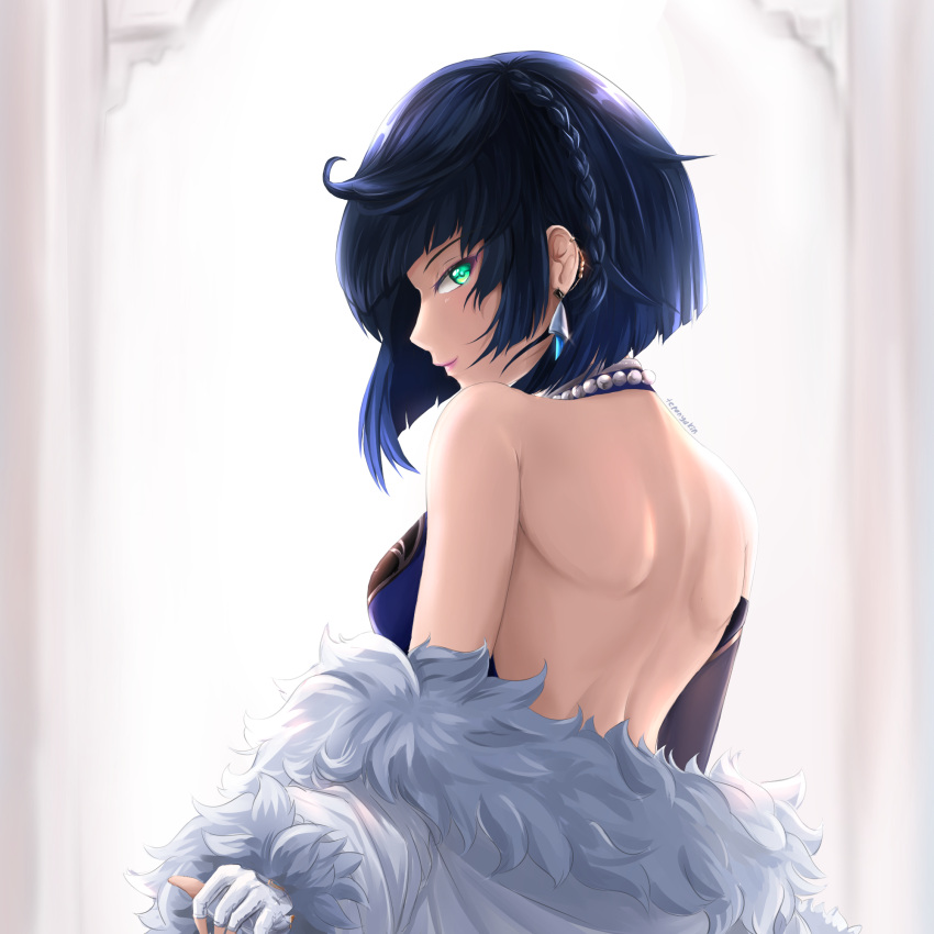 1girl artist_name asymmetrical_bangs asymmetrical_sleeves back bangs bare_back bare_shoulders black_hair blue_hair braid breasts choker closed_mouth clothes_around_waist earrings elbow_gloves fingerless_gloves fur-trimmed_jacket fur_trim genshin_impact gloves green_eyes highres jacket jacket_around_waist jewelry light lips looking_at_viewer medium_breasts medium_hair multicolored_hair pink_lips shiny shoulder_blades sleeveless smile solo tepanyakin white_gloves white_jacket yelan_(genshin_impact)