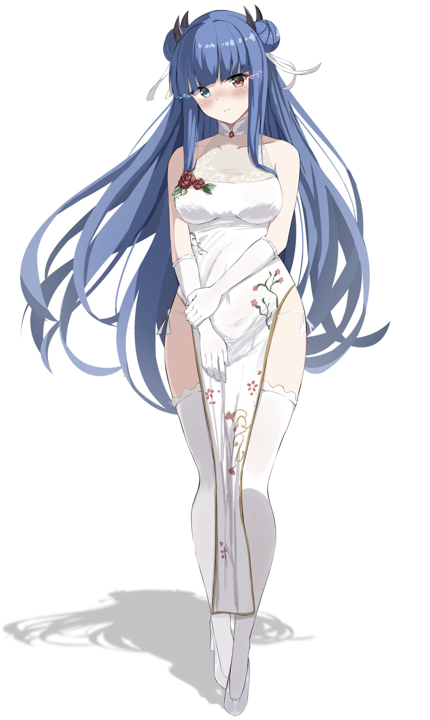 1girl absurdres azur_lane bangs bare_shoulders blue_eyes blue_hair blunt_bangs blush breasts china_dress chinese_clothes closed_mouth commentary_request double_bun dress eye_trail firin floral_print full_body gloves hair_ornament hair_ribbon hand_on_own_chest heterochromia highres horns ibuki_(azur_lane) long_hair looking_at_viewer medium_breasts multiple_horns pelvic_curtain print_dress red_eyes ribbon shadow simple_background sleeveless sleeveless_dress solo standing thigh-highs very_long_hair white_background white_dress white_footwear white_gloves white_legwear white_ribbon