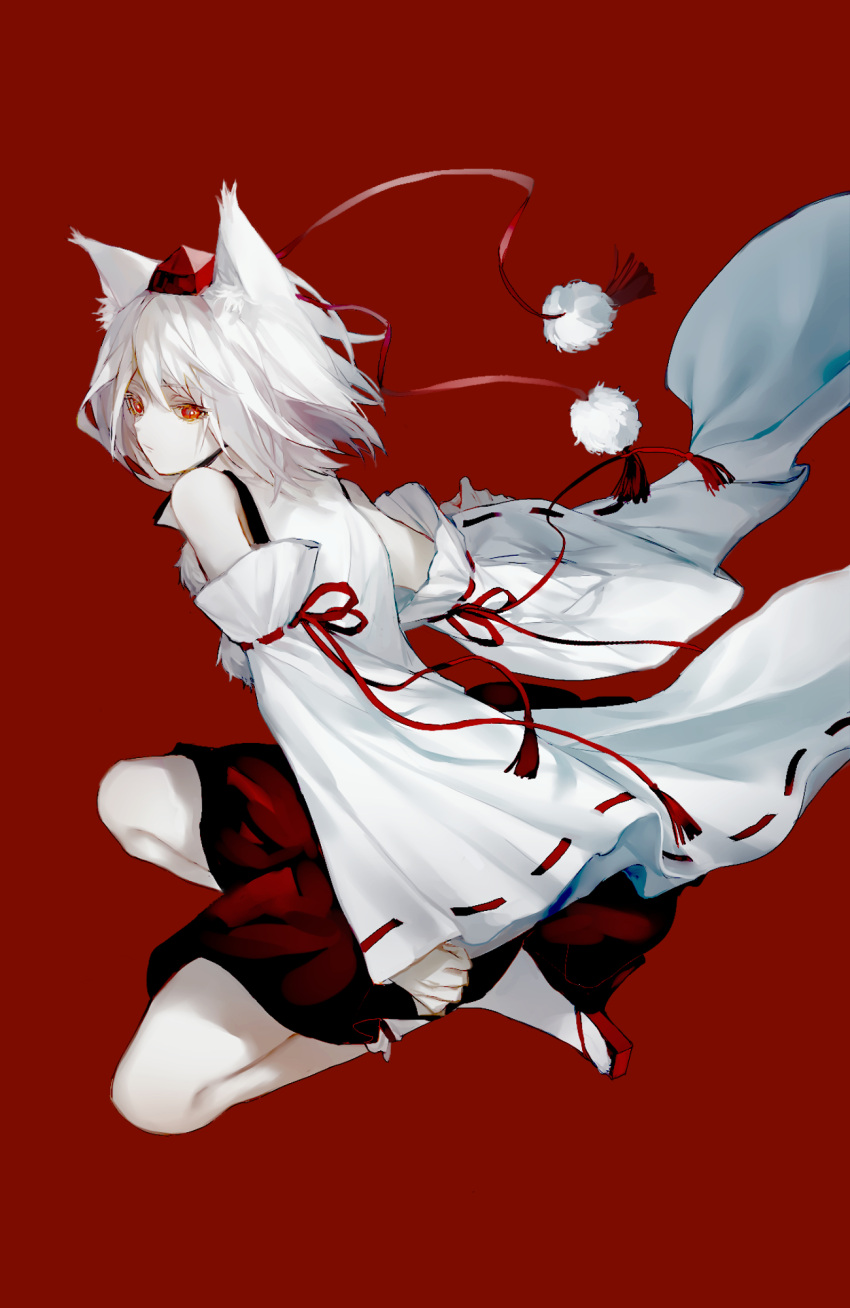 1girl animal_ears bare_shoulders cui_(jidanhaidaitang) detached_sleeves full_body geta hakama hat highres inubashiri_momiji japanese_clothes medium_hair medium_skirt midair pom_pom_(clothes) red_background red_eyes red_headwear red_skirt ribbon-trimmed_sleeves ribbon_trim shirt simple_background skirt solo tail tengu-geta tokin_hat touhou white_hair white_shirt wide_sleeves wolf_ears wolf_girl wolf_tail