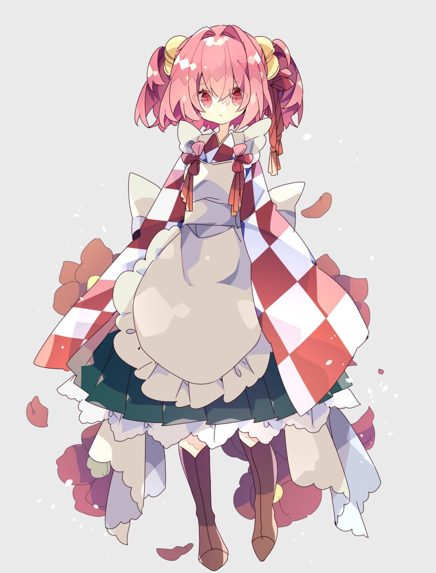 1girl :| apron bell boots bow checkered_clothes checkered_skirt closed_mouth commentary frilled_skirt frills full_body green_skirt hair_bell hair_between_eyes hair_ornament highres long_sleeves motoori_kosuzu nikorashi-ka one-hour_drawing_challenge orange_footwear orange_shirt petals pink_hair red_eyes red_ribbon ribbon shirt skirt sleeves_past_fingers sleeves_past_wrists solo touhou twintails waist_bow white_apron white_bow white_shirt wide_sleeves