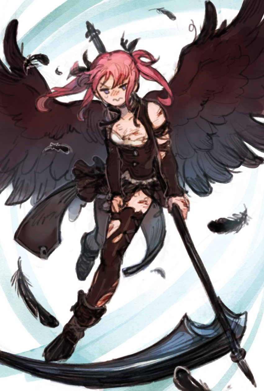 1girl bangs bare_shoulders black_angel_(elona) black_dress black_footwear black_legwear black_ribbon black_wings blood blood_on_arm blood_on_chest blood_on_hands blood_on_leg blush boots bra cuts detached_sleeves dress dress_tug elona embarrassed feathered_wings feathers floating_hair flying full_body hair_ribbon herayoshi highres holding holding_scythe injury long_hair pink_hair ribbon scythe short_dress sketch solo sweat thigh-highs torn_clothes torn_dress torn_legwear torn_sleeves twintails underwear violet_eyes white_background white_bra wings