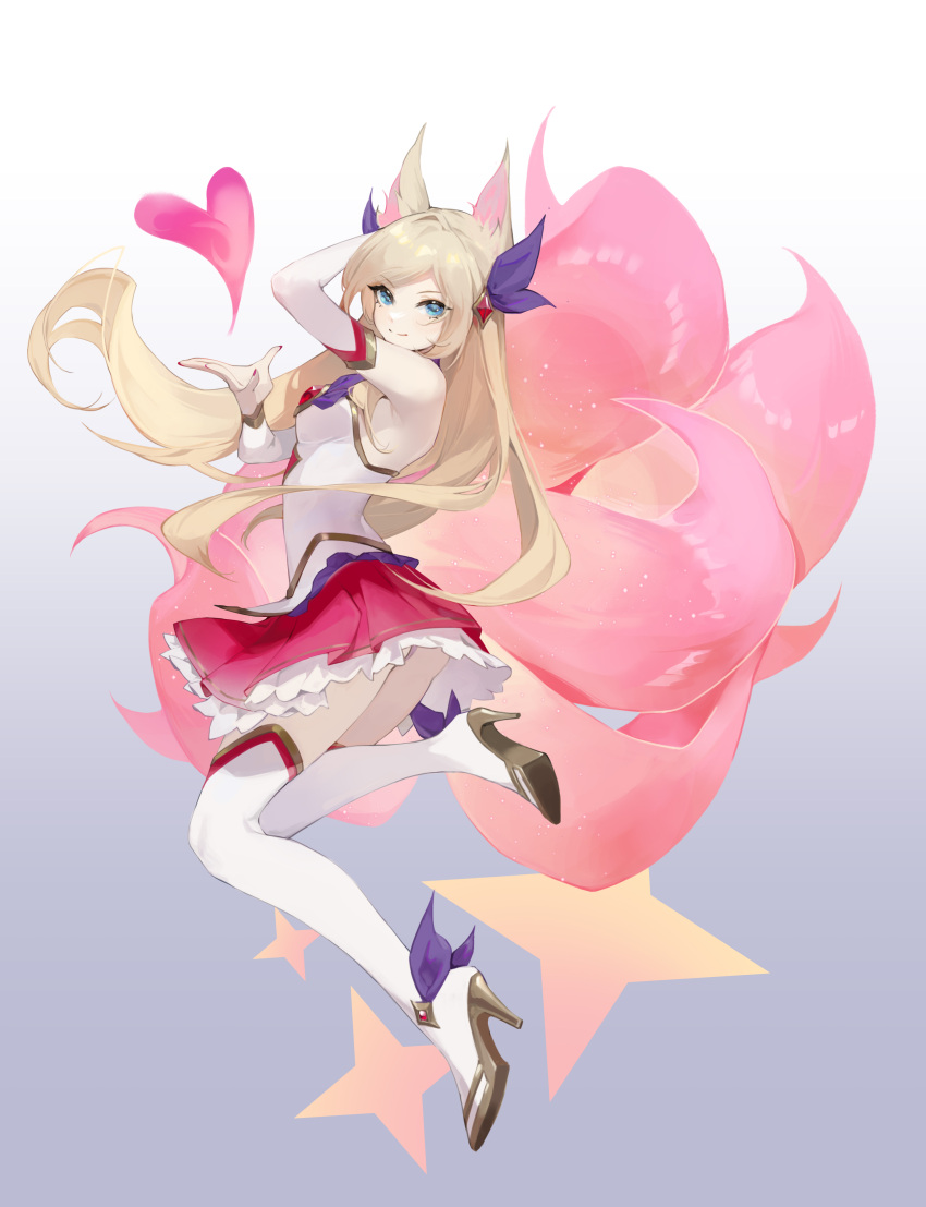 1girl absurdres ahri ahri_(league_of_legends) animal_ears asami_okutoshioku bangs bare_shoulders blonde_hair blue_eyes breasts detached_sleeves fox_ears frilled_skirt frills from_side gradient gradient_background hair_ornament hand_up heart high_heels highres league_of_legends long_hair looking_at_viewer multicolored_tail official_alternate_costume pink_tail red_skirt shiny shiny_hair shirt skirt smile solo star_guardian_(league_of_legends) star_guardian_ahri tail thigh-highs vastaya white_legwear white_shirt