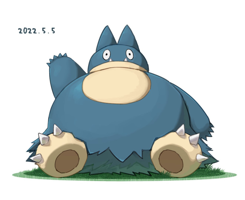 arm_up black_eyes claws closed_mouth commentary_request dated fangs fangs_out full_body grass jako_(boke_poke) munchlax no_humans pokemon pokemon_(creature) solo white_background