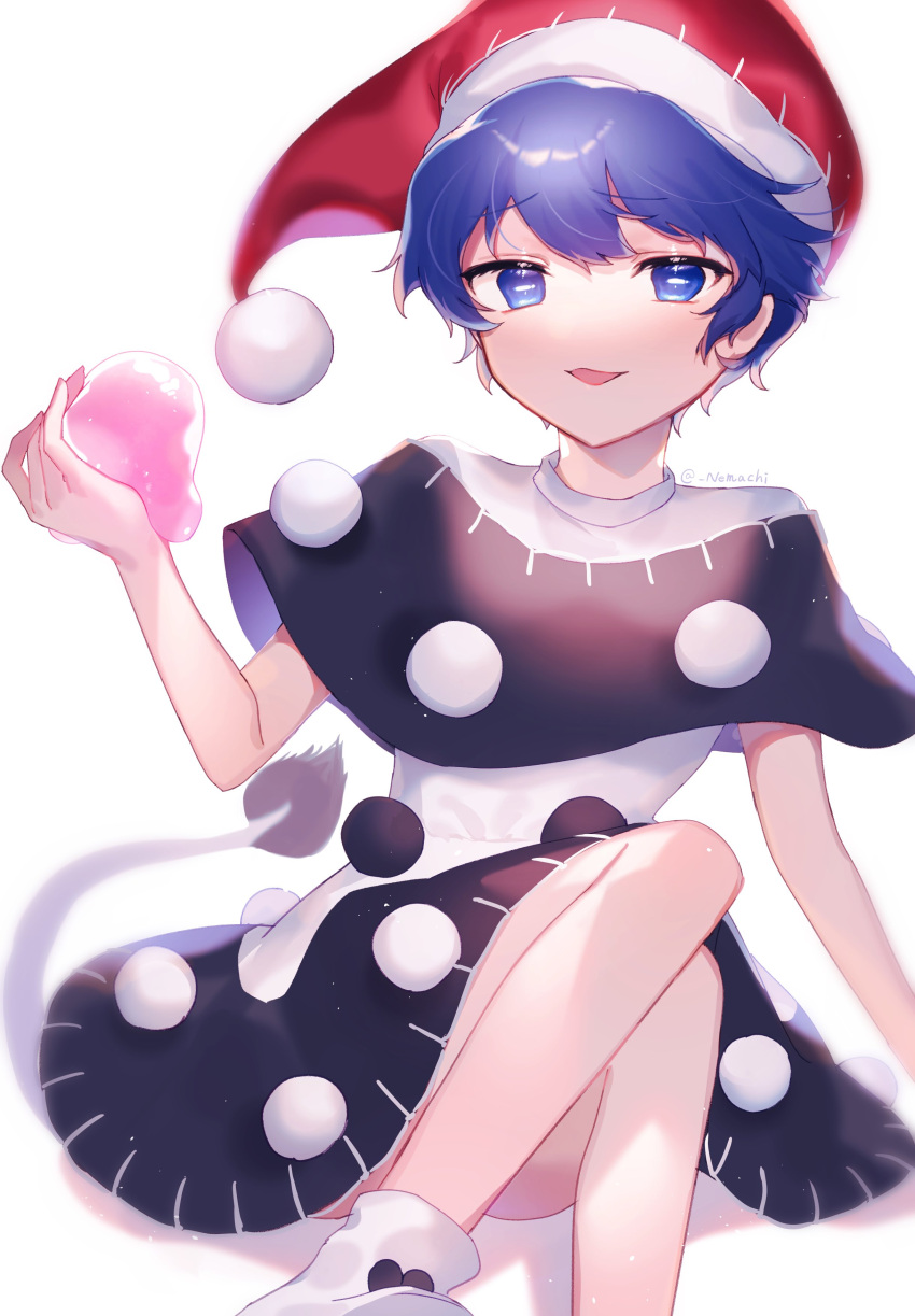 1girl absurdres bangs blob bloom blue_eyes blue_hair blurry depth_of_field doremy_sweet dream_soul dress eyebrows_visible_through_hair feet_out_of_frame hat highres holding looking_at_viewer nemachi open_mouth pom_pom_(clothes) short_hair simple_background solo swept_bangs tail touhou white_background