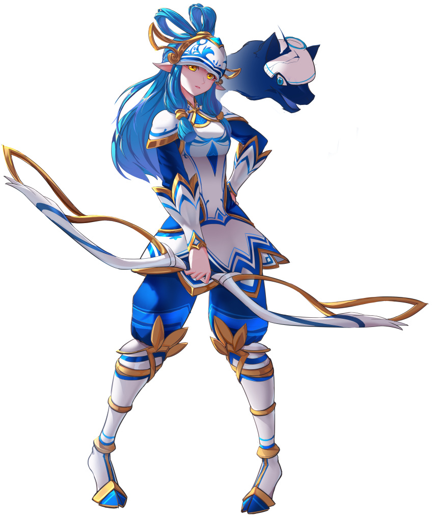 1girl absurdres armored_boots blue_hair blue_pants boots bow_(weapon) breasts caca_(1zz1) full_body grey_background highres holding holding_bow_(weapon) holding_weapon kindred_(league_of_legends) knee_boots lamb_(league_of_legends) league_of_legends long_hair looking_at_viewer medium_breasts official_alternate_costume open_mouth pants pointy_ears simple_background spirit_blossom_kindred standing weapon wolf_(league_of_legends) yellow_eyes