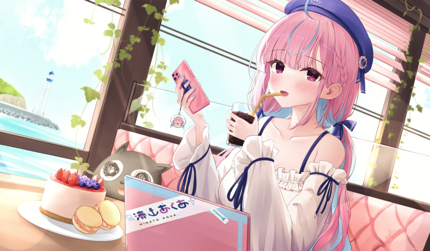 1girl absurdres bare_shoulders bow bra_strap braid cake collarbone daran9 food frilled_shirt frills hair_bow hat highres hololive long_hair long_sleeves looking_at_viewer low_twintails macaron minato_aqua multicolored_hair off_shoulder open_mouth pink_eyes pink_hair purple_headwear shirt solo streaked_hair twintails virtual_youtuber white_shirt