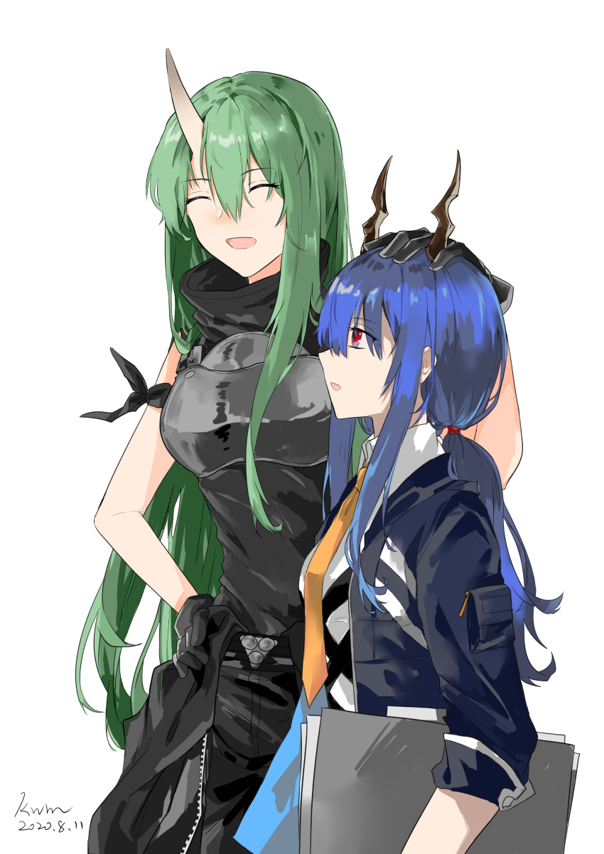 2girls :d ^_^ absurdres arknights armor bangs black_gloves black_jacket black_pants black_shirt blue_hair breastplate ch'en_(arknights) chinese_commentary closed_eyes commentary_request cowboy_shot dated dragon_horns eyebrows_visible_through_hair from_side gloves green_hair hair_between_eyes hand_on_another's_head hand_on_hip high_collar highres horns hoshiguma_(arknights) jacket kongwuming long_sleeves multiple_girls necktie open_clothes open_jacket open_mouth pants profile red_eyes shirt sidelocks signature simple_background single_horn sleeveless sleeveless_shirt smile standing white_background white_shirt yellow_necktie