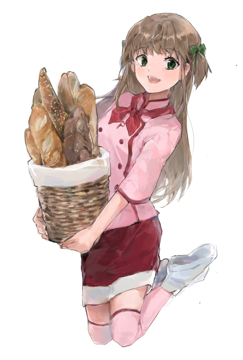 1girl azusagawa_tsukino basket bellacsy bow bread brown_hair food full_body green_eyes hair_bow highres holding holding_basket long_hair looking_at_viewer miniskirt open_mouth shoes simple_background skirt smile solo thigh-highs uniform white_background yakitate!!_japan zettai_ryouiki