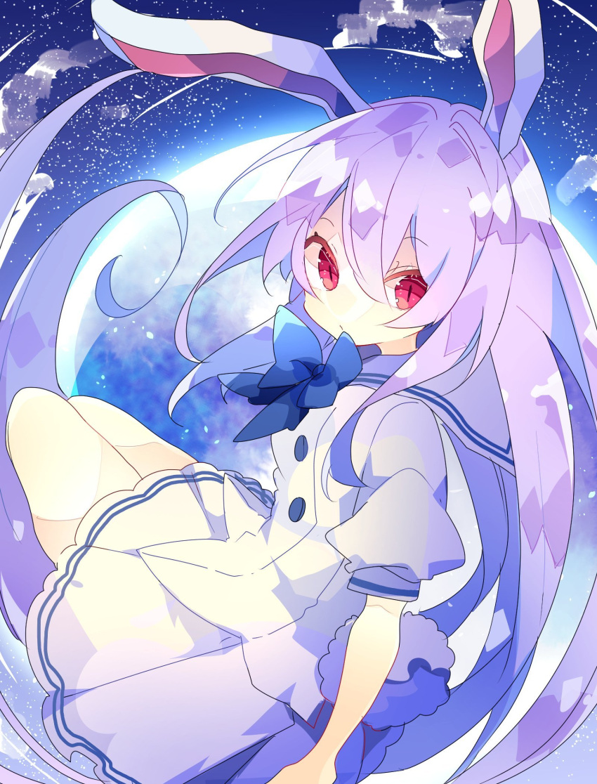 1girl :/ animal_ears blue_bow bow bowtie buttons commentary hair_between_eyes highres long_hair looking_at_viewer moon nikorashi-ka puffy_short_sleeves puffy_sleeves purple_hair rabbit_ears rabbit_tail red_eyes reisen_udongein_inaba sailor_collar sailor_shirt seiza shirt short_sleeves sitting sky slit_pupils solo star_(sky) starry_sky tail touhou very_long_hair white_shirt