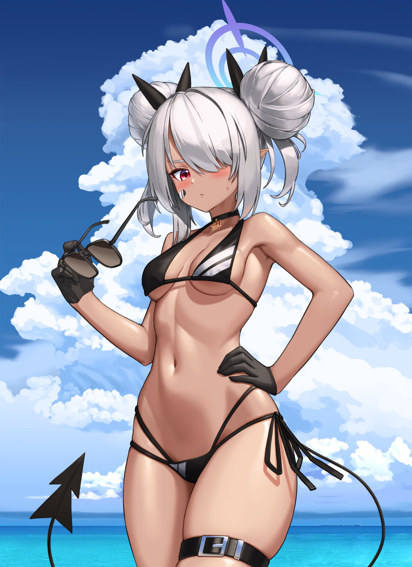 1girl absurdres alternate_hairstyle bangs bikini black_bikini black_gloves blue_archive breasts clouds cloudy_sky dark-skinned_female dark_skin day demon_tail double_bun gloves grey_hair hair_over_one_eye halo highres holding holding_eyewear iori_(blue_archive) iori_(swimsuit)_(blue_archive) navel neowise outdoors pointy_ears red_eyes sky small_breasts solo stomach sunglasses swimsuit tail
