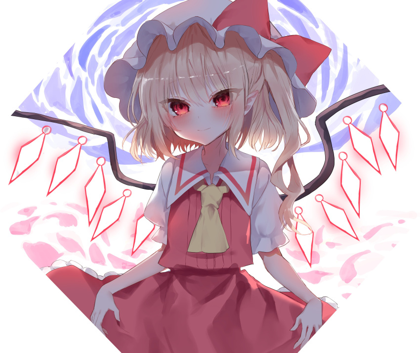 1girl absurdres ascot blonde_hair bow closed_mouth cowboy_shot crystal flandre_scarlet hat hat_bow highres looking_at_viewer mob_cap one_side_up red_bow red_eyes red_skirt red_vest rori82li short_hair short_sleeves skirt smile solo standing touhou vest white_headwear wings yellow_ascot