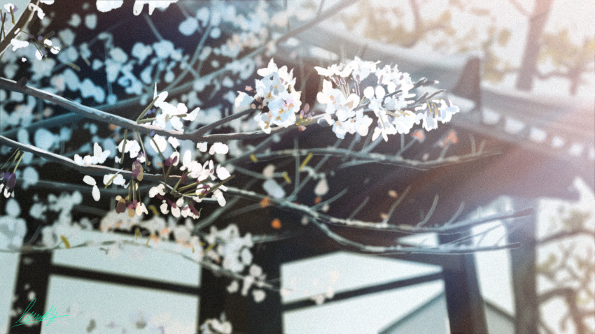 absurdres banishment blurry blurry_background branch building cherry_blossoms commentary_request day depth_of_field film_grain flower highres no_humans original outdoors scenery signature sunlight tree white_flower