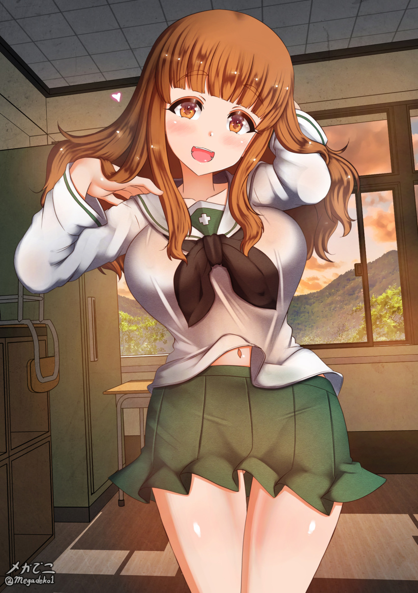 1girl aquaegg ass_visible_through_thighs blush breasts collarbone girls_und_panzer green_skirt heart highres indoors large_breasts long_hair looking_at_viewer miniskirt navel ooarai_school_uniform open_mouth orange_hair pleated_skirt school_uniform shiny shiny_hair shiny_skin skirt smile solo standing takebe_saori window