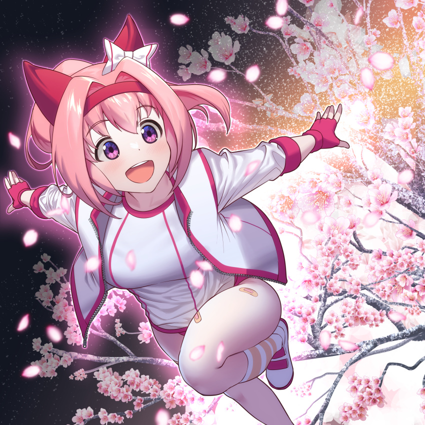 1girl :d absurdres animal_ears ash_blossom_&amp;_joyous_spring bandaid bandaid_on_leg bangs black_background blush bow breasts buruma cherry_blossoms commentary ear_bow ear_covers eyebrows_visible_through_hair falling_petals fingerless_gloves floating flower-shaped_pupils flower_in_eye gloves gym_uniform hair_between_eyes hair_intakes haru_urara_(umamusume) headband highres horse_ears horse_girl jacket kneehighs long_hair long_sleeves looking_to_the_side medium_breasts namesake open_clothes open_jacket open_mouth outline outstretched_arms parody petals pink_eyes pink_gloves pink_hair ponytail red_buruma red_headband shirt shoes sidelocks smile solo striped striped_legwear symbol-shaped_pupils symbol_in_eye teeth track_jacket tree umamusume upper_teeth white_footwear white_jacket white_shirt ybee yu-gi-oh!